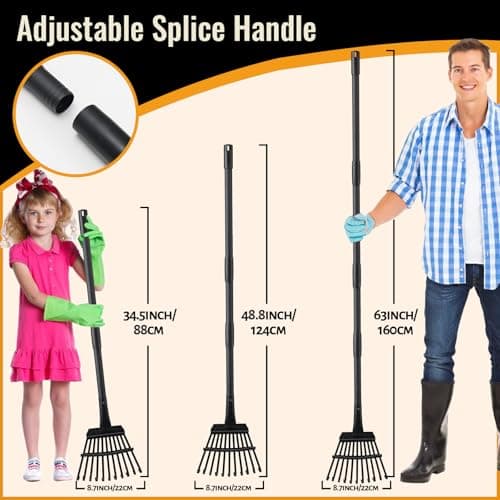Small Garden Rake for Leaves,11 Tines Heavy Duty Metal Yard Hand Rake with 63in Long Adjustable Handle, Ideal Leaf Scoops Garden Tool for Gathering Leaves, Shrub,Poop, Leveling Grass,Flower Beds,Yards