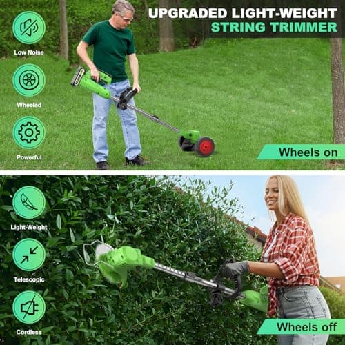 Cordless Lawn Trimmer Weed Wacker - GUIFIN 21V Lawn Mower Grass Edger with One 2.0Ah Li-Ion Battery Powered & 3 Cutting Blade Types, Compact Power Tool for Lawn Yard Work
