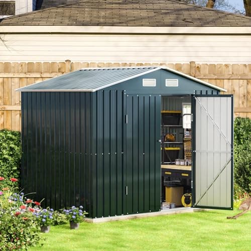 8x6FT Outdoor Steel Storage Shed with Frame Floor,Clear Window, Lockable Doors, Weather-Resistant Metal Tool Shed for Garden, Backyard, Patio, and Utility Storage
