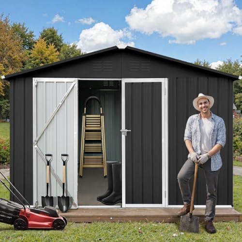 10' x 12' XL Outdoor Storage Shed, Sturdy Metal Building w/Lockable Doors for Garden, Backyard, Poolside and Lawn, Black