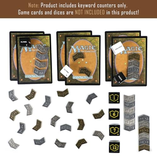 53Pcs MTG Antique Metal Buff Counter Tokens & MTG Keyword/Counters Dice Set, Magic Card Creature Stats or Loyalty Counter for TCG Card Gaming Accessories with Velvet Bag & Box