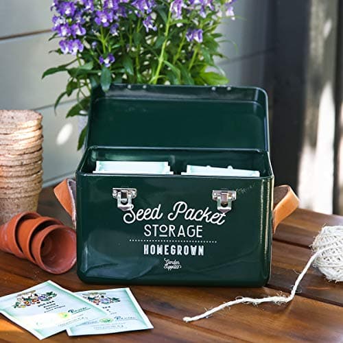 Burgon & Ball Seed Packet Storage Box Container Tin in Frog Green with Inside Dividers for Organization with Lid, Side Handles and Latches