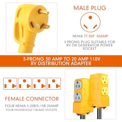 Kanayu 1.8 FT 30 to 20 Amp 110V RV Generator Distribution Adapter Compatible with NEMA TT-30P to NEMA 4X 5-20R/ 5-15R, 3 Prong RV Generator to Four Household Outlet with 20 Amp Circuit Breaker