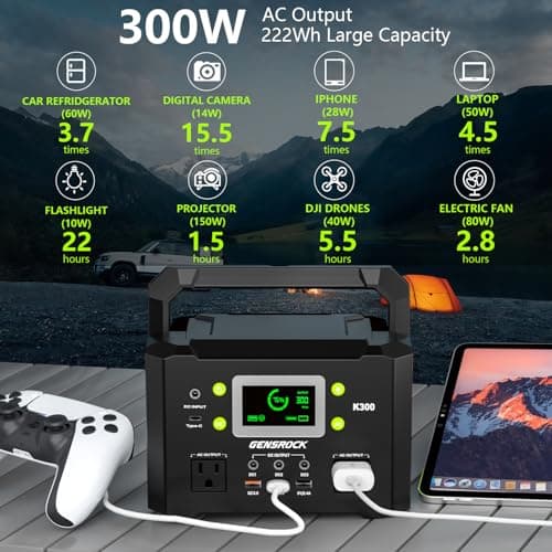 GENSROCK Portable Power Station, 110V/300W Pure Sine Wave Solar Generator, 222Wh Backup Lithium Battery With AC Outlet/QC 3.0/Type-C/LED Light for CPAP Family Emergency Outdoor Camping RV Travel.