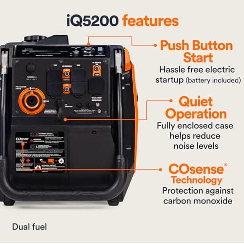 Generac 5,200-Watt Dual-Fuel Portable Inverter Generator - Gas and Propane Compatible - Compact and Lightweight Design - Clean, Stable Power - COsense Technology - Orange/Black - 49 State Compliant