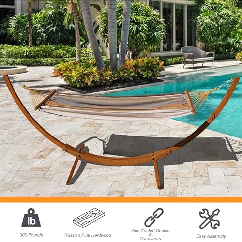 Lazy Daze Hammocks 10.5 FT Outdoor Arc Wood Hammock Stand, 2 Person Russian Pine Hardwood Hammock Stand with Carabiners and Chains, for Outdoor Patio Garden Poolside, 300lb Capacity,Brown