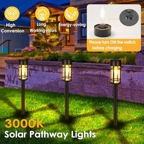 Solar Pathway Lights, 8 Pack LED Solar Lights Outdoor Waterproof, Glass Metal Garden Lighting for Yard Path Landscape Lawn Walkway Driveway, 3000K