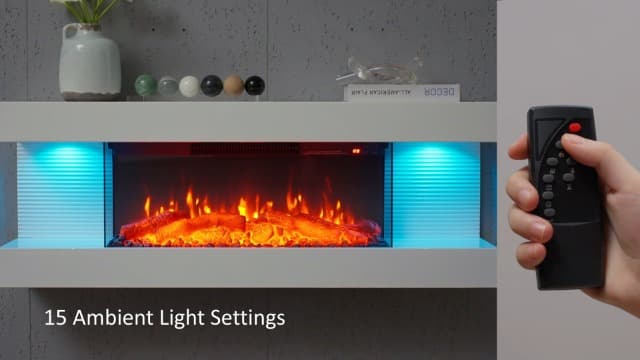 PuraFlame Alsa 44 Inch Wall Mounted Electric Fireplace All-in-One with Multi Ambient Light Colors, Remote, 1500W Heater, White