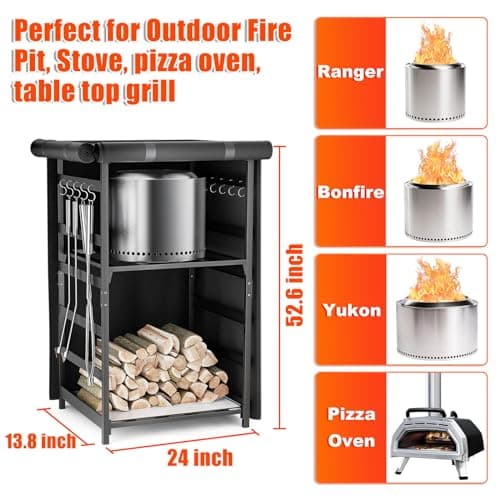 Storage Station 4.5ft for Solo Stove Yukon, Bonfire, Ranger and other Fire Pit Stove, Firewood Storage Cabinet with Waterproof Cover, Adjustable Firewood Rack for logs and Fire Pit Accessories
