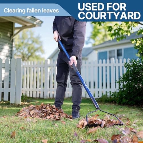 57 Inch Heavy Duty Garden Rake with Blue Fiberglass Handle - 14-Tooth Metal Yard Rake for Gardening, Farming, and Yard Work - Durable Hard Rakes for Heavy Duty Use