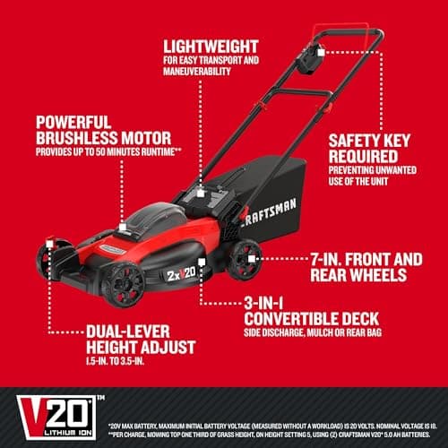 CRAFTSMAN V20 Lawn Mower, Push Mower, Lightweight and Portable, Grass Bag, Battery and Charger Included (CMCMW220P2)