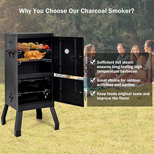 DORTALA Vertical Charcoal Smoker, Outdoors Charcoal Barbeque, Smoked Carbon Oven, Iron Structure, w/Two Chrome-plated Nets, Two Charcoal Pots, Suitable for Lawn Picnic, Backyard BBQ (Black)