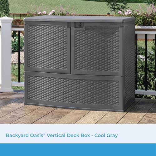 Suncast Backyard Oasis Vertical Deck Box, 195-Gallon Patio Storage Box for Furniture Cushions, Grill Tools, and Pool Accessories, Cool Gray, Made in the USA