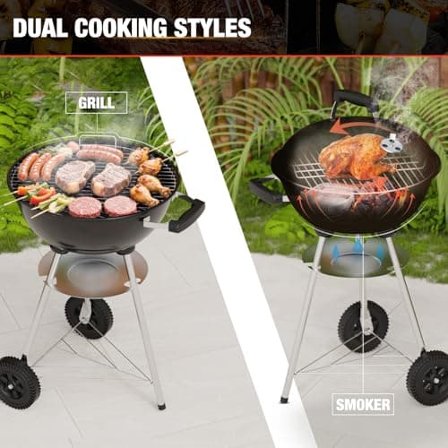 18 inch BBQ Charcoal Grill, Outdoor Portable Grill, Round Kettle Barbecue Grills, Durable & Easy to Assemble, Perfect for Backyard, Camping, Small Patio, Black