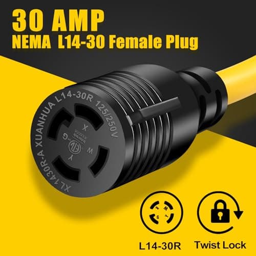 30 AMP Generator Transfer Switch Adapter Cord, Heavy Duty STW 10 Gauge NEMA L5-30P Male to L14-30R Female, 3 Prong to 4 Prong Generator Adapter Plug Twist Lock to House Inlet Box,1.5FT