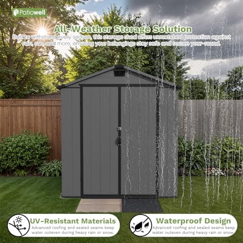 Patiowell 6 x 8 FT Plastic Outdoor Storage Shed with Floor, Resin Outside Tool Shed with Two Windows and Lockable Door for Garden, Backyard, Tool Storage Use, Easy to Install, Dark Grey