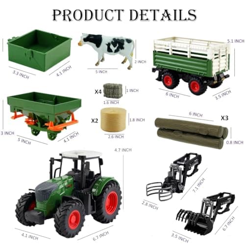 Farm Toys Tractor with Trailer-16.5 Inches Tractor Playset 1/24 Scale Gripper Frontloader Spreader for Boys Kids Toddlers Age 3-7 Years Old