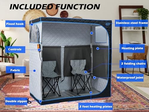 2 Person Infrared Sauna | Full Size Portable Sauna Tent | FAR Infrared Sauna for Home, 1,350watt, Home Saunas with Heating Foot Pad*2, Portable Chair*2, (L56.7 x W31.5 x H59.4, Black)