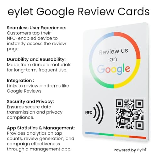 Google review card v3 from eylet | No Subscription, faster NFC Taps and QR code for instant sharing of the Google review link for your business, works with iPhone and Android.