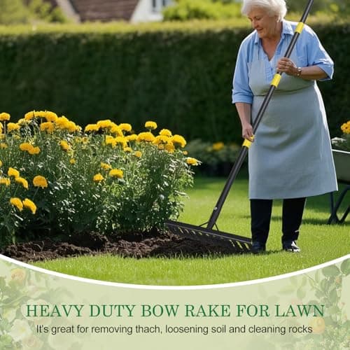 Garden Rake Heavy Duty, 74 Inch Metal Rake with 12 Tines, Bow Rake with Long Handle for Loosening Soil Leveling Lawn Farming Land, Black