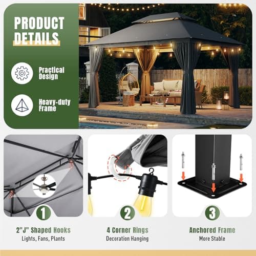 AOXUN Outdoor Gazebo for Patio 10x12, Metal Frame Canopy with Double Roofs, Heavy Duty Party Tent and Shelter with Mosquito Netting and Privacy Screen for Backyard, Lawn, Garden,Deck (Gray)