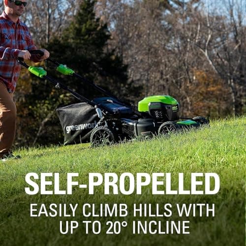 Greenworks 40V 21" Self-Propelled Lawn Mower,Axial Leaf Blower(500 CFM / 120 MPH),13" String Trimmer with 2 Batteries(5Ah+2Ah) & Chargers