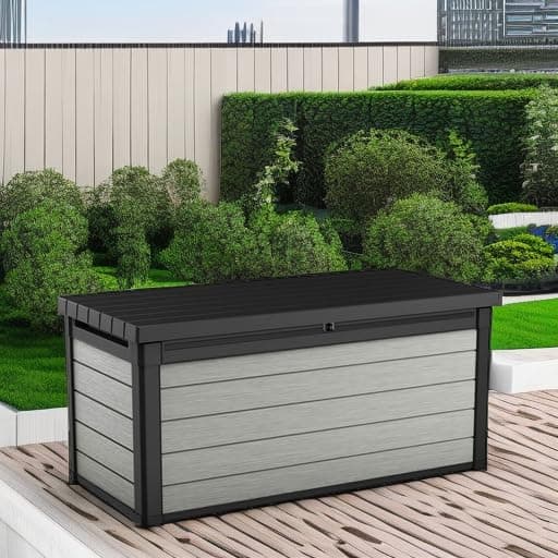 Keter Denali 150 Gallon Resin Large Deck Box with Double Wall 20mm Panels - Paintable and Drillable-Organization and Storage for Patio Storage Box and Outdoor Items, Grey & Black