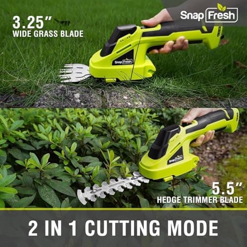 SnapFresh Cordless Grass Shear Bush Trimmer, 2 in 1 Handheld Hedge Trimmer, 7.2V Electric Grass Trimmers, Lightweight Shrubbery Trimmers Battery & Charger Included, Shrub Trimmer for Garden(Green)