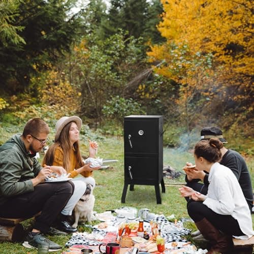 Outvita Outdoor Smoker with Double Doors, Vertical Charcoal Smoker, Outdoors Charcoal Barbeque with 2 Detachable Grill Netting Smoking Racks, Suitable for Lawn Picnic, Backyard BBQ, Black