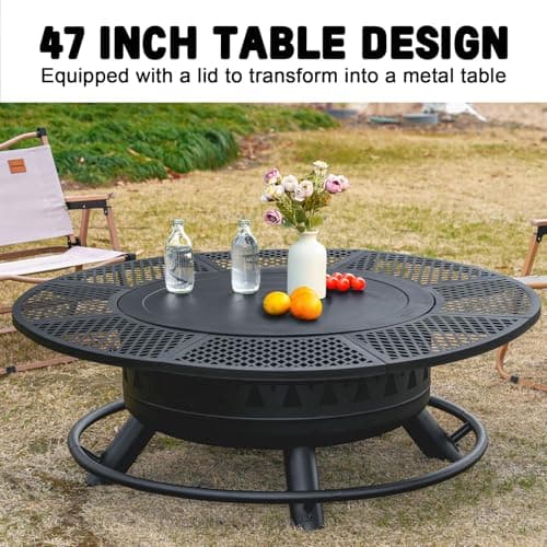 47 Inch Fire Pit with 2 Grills, Outdoor Extra Large Firepits for Outside, Wood Burning Fireplace for Camping,Picnic,Bonfire, 3-in-1 Round Metal Table with Lid for Backyard,Patio,Party