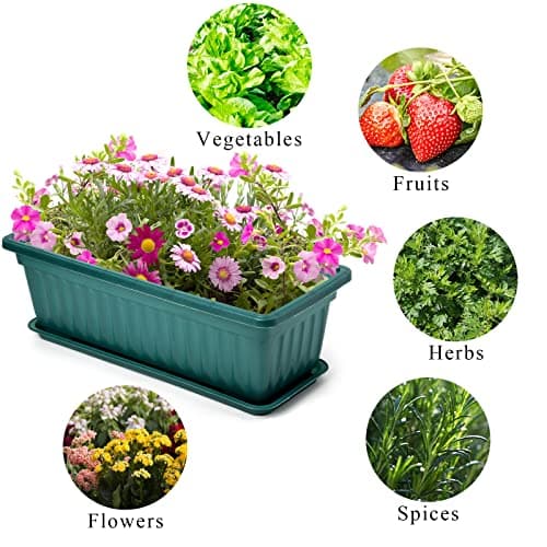 Fasmov 7 Pack 17 Inches Flower Window Box Plastic Vegetable Planters with Trays Vegetables Growing Container Garden Flower Plant Pot with 7 Pcs Plant Labels for Balcony, Patio, Garden, Green