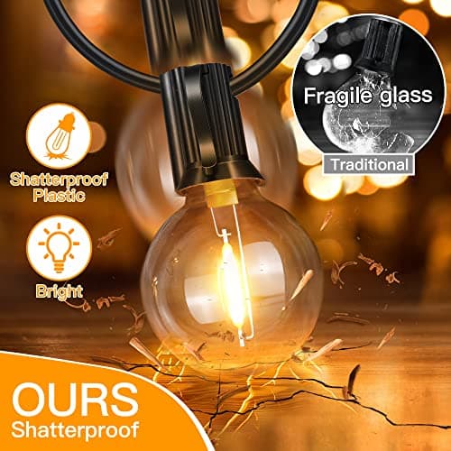 Ollny 25FT Outdoor String Lights, Waterproof Connectable Shatterproof Outside Light with 13 Edison + 1 Spare LED Bulbs Plug in, Patio Lights for Indoor Balcony Porch Camping Deck