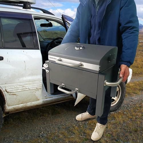 Portable Charcoal Grill, Tabletop Charcoal Grill, Small BBQ Grill with 2-layer Grates and Thermometer(100-800°F), Outdoor Charcoal Smoker for Camping, Picnic, Hiking, Beach and Travel