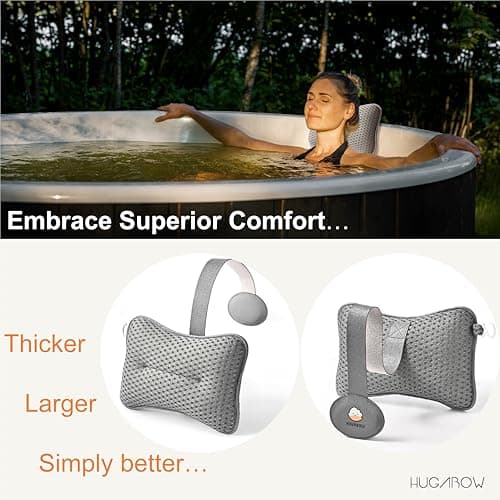 2-Pack Large Pillow for Hot Tub (Grey), Spa, and Chaise Lounge - Universal Headrest & Neck Support Cushion, Adjustable Height with Long Strap, Easy Drying with Hook (2-Pack)