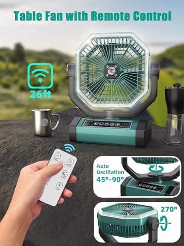 Portable Rechargeable Fan - 9-Inch Camping Fan for Tent, 20000mAh(60Hrs) Battery Operated Fan for Camping, Auto Oscillation Cordless Fan, Tent Fan with Remote/Light, 4 Speeds, 4 Timing, Outdoor