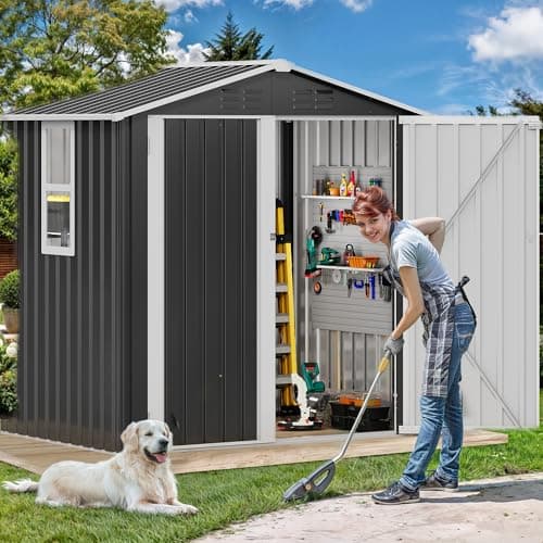 DWVO 6x4ft Outdoor Storage Shed with Window, Metal Lockable Metal Garden Shed with Sloped Roof for Tools, Bikes, Ideal for Backyard, Patio, Garage, Lawn (Gray + White)