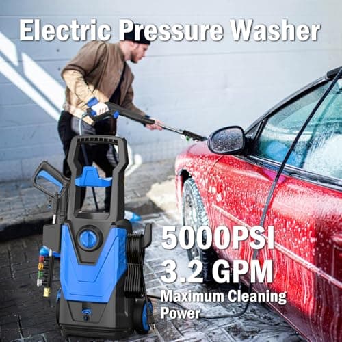 Electric Pressure Washer, 5000PSI 3.2 GPM Power Washer 2025 Upgraded with 55FT Cleaning Range, 4 Nozzles, Foam Cannon, High Pressure Cleaning Machine for Cars, Homes, Patios, Fences, Blue