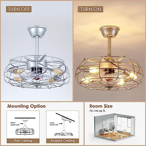 Asyko Outdoor Caged Ceiling Fans with Lights - Bladeless Low Profile Ceiling Fan Light with Remote, 19" Enclosed Ceiling Fan for Covered Outdoor