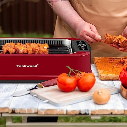 Indoor Smokeless Grill, Techwood 1500W Electric Indoor Grill with Tempered Glass Lid, Portable Non-stick BBQ Korean Grill, Turbo Smoke Extractor Technology, Drip Tray& Double Removable Plate, Red