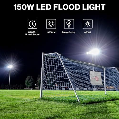 Olafus 2 Pack 150W LED Flood Light Outdoor, 13500LM Super Bright Work Lights Plug in, 6500K, IP66 Waterproof Exterior Floodlight for Stadium Yard Barn