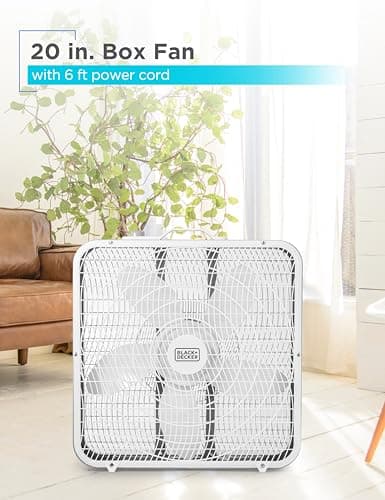 BLACK+DECKER Box Fan with 3 Speed Settings, 20” Box Fan with Carrying Handle, Rotary Knob and Recessed Cord Storage, Portable Fan and Cooling Fan for Home, Office, Garage, Basement & More