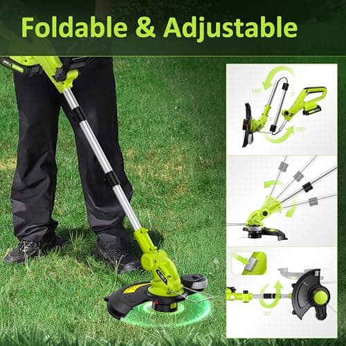 Electric String Trimmer Cordless with 2x2.0Ah Battery, 20V Battery Powered 12-inch Lawn Mover & Edger Lawn Tool with Charger, Powered Grass Trimmer with 8pcs Spool Line for Yard, Garden, Green