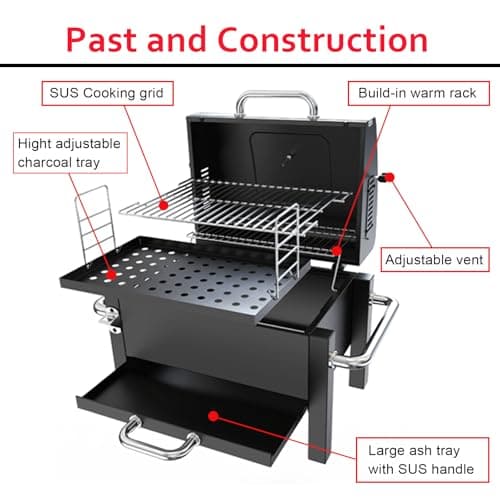 Portable Charcoal Grill, Tabletop Charcoal Grill, Small BBQ Grill with 2-layer Grates and Thermometer(100-800°F), Outdoor Charcoal Smoker for Camping, Picnic, Hiking, Beach and Travel