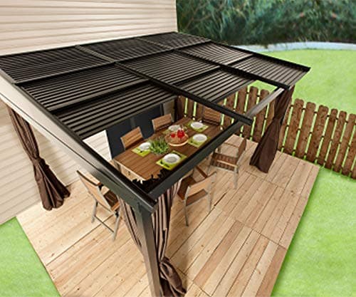Sojag 10' x 12' Francfort Wall-Mounted Hardtop Gazebo Outdoor Weather-Resistant Aluminum Frame Sun Shelter Black,Brown