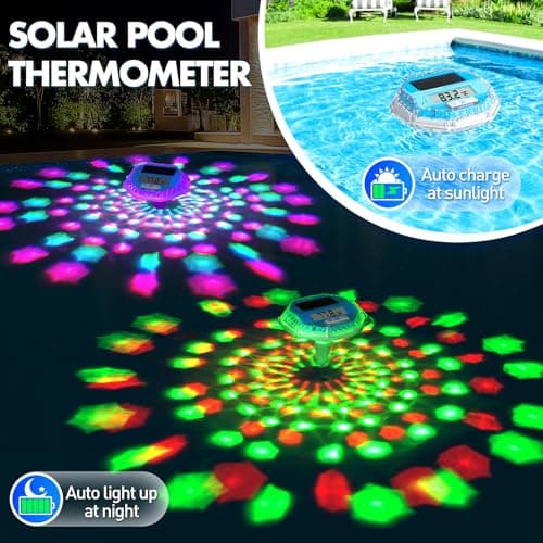 Solar Digital Pool Thermometer Floating Easy Read, Large LCD Screen Pool Thermometer with Light Show, IP68 Waterproof Water Temperature for Hot Tub,Spa