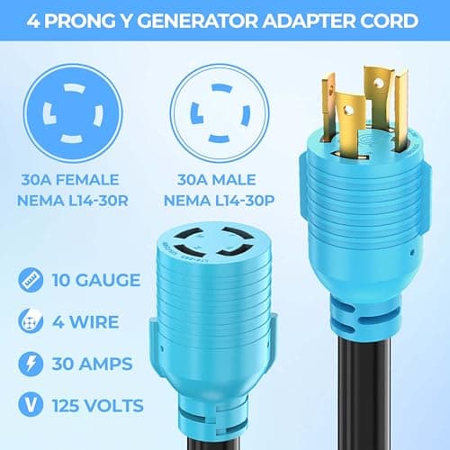 CircleCord 4 Prong 30 Amp Generator Splitter Y Adapter, NEMA L14-30P to 2X L14-30R, 10 AWG SJTW for Manual Transfer Switch, Generators, 125/250V 7500W