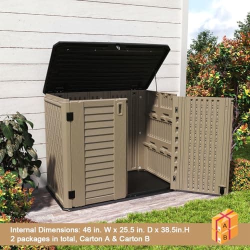 KINYING Outdoor Storage Shed - Horizontal Storage Box Waterproof for Garden, Patios, Backyards, Multi-Opening Door for Easy Storage of Garbage Cans, Tools, Lawn Mower, 26 Cubic Feet,Brown