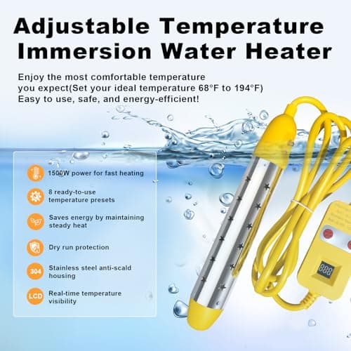 Portable Water Heater – 1500W Immersion Heater for Bathtub, Bucket, Hot Tub, and Mini Inflatable Pool – Fast Heating with Rust-Resistant 304 Stainless Steel Cap