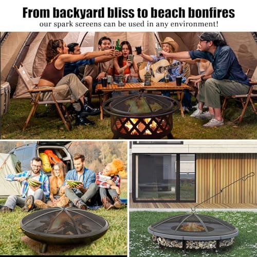 Fire Pit Spark Screen, 24Inch Fire Pit Lid Outdoor with Handle & Poker, Heavy-Duty Mesh Firepit Cove with 12 Reinforced Bars for Backyard/Beach/RV Camping