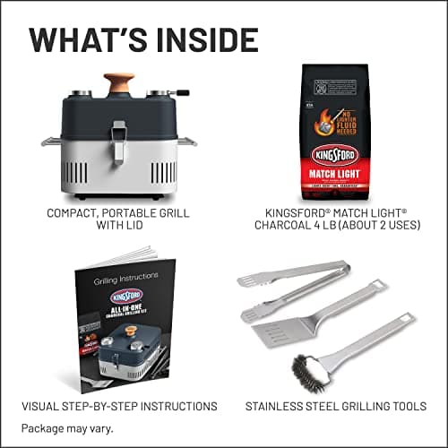 Kingsford All-In-One Grilling Kit, Match Light, Portable Grill with Charcoal and Grilling Tools, No Lighter Fluid Needed, 1 Grill, 4 lb Charcoal Bag